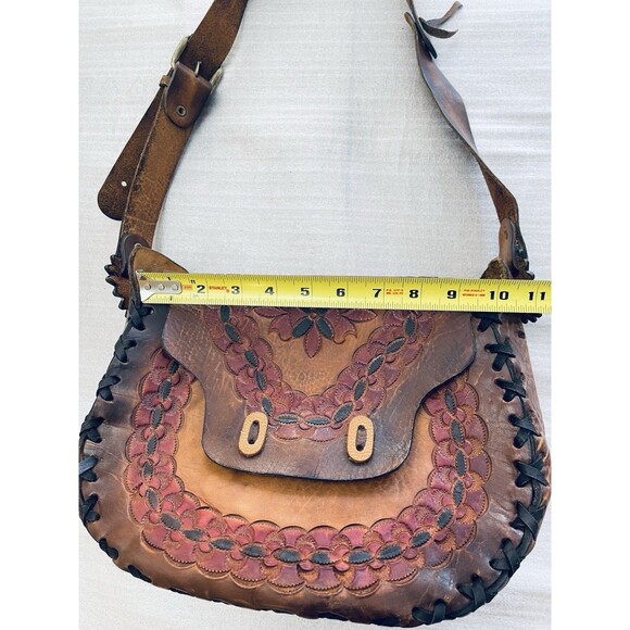 Vintage Mexican Leather Bag SIOUX Tooled Floral Boho Hippie Shoulder Crossbody - Picture 7 of 12